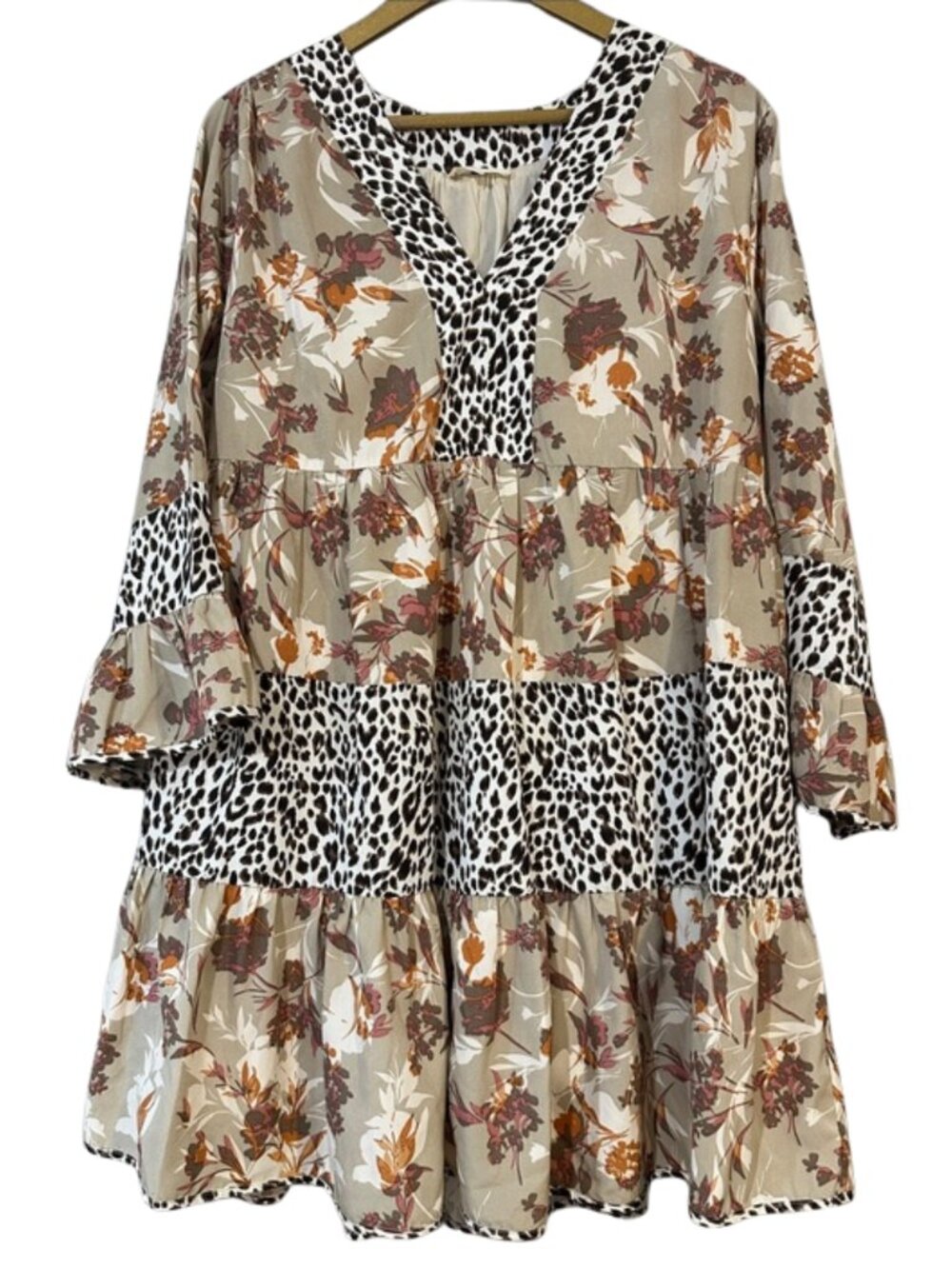 Entro Mixed Print Dress XL Floral & Leopard Ruffle Sleeve Boho Tiered - Picture 2 of 12